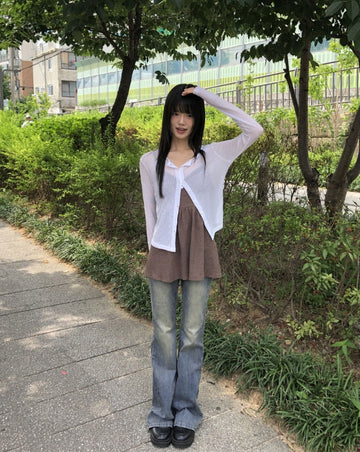 Amu See-through Ribbed Long Sleeve Cardigan